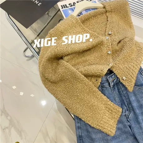 绿色V领毛衣外套女秋季新款简约基础宽松慵懒单排扣短上衣开衫ins商品大图