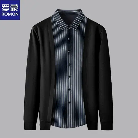 罗蒙假两件衬衫领T恤衫男2023秋冬季毛衣时尚长袖开衫针织衫上衣图片