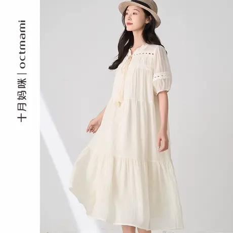 十月妈咪孕妇连衣裙2025新款春夏外穿胸前小蕾丝设计款短袖裙夏装图片