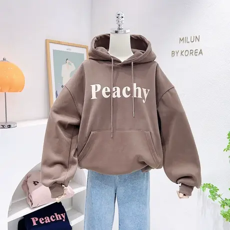 韩国东大门高级感上衣22秋冬款百搭字母连帽加绒加厚卫衣宽松外套商品大图