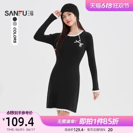 三福连衣裙2025新款冬季花边拼接圆领收腰显瘦包臀短裙女装492925图片