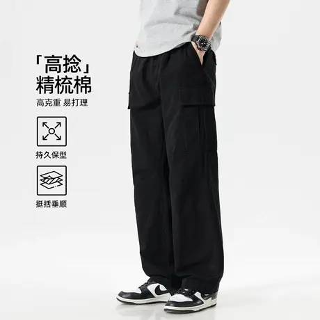 hansca美式多口袋纯棉工装裤男2025夏季轻薄黑色伞兵直筒休闲裤子商品大图