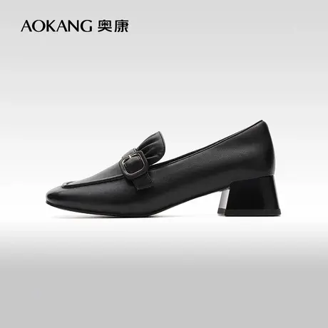 奥康女鞋 春季新款法式优雅套脚真皮粗跟单鞋乐福鞋门店发货图片