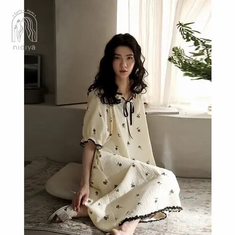 妮狄娅2022睡衣女夏季纯棉睡裙短袖薄中长款大码家居服夏天可外穿图片