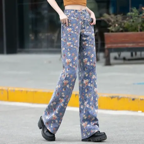 碎花牛仔裤女2023年新款秋冬季印花裤子长裤女士复古直筒裤阔腿裤商品大图