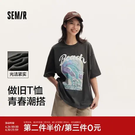 森马短袖T恤女中长款印花街头小众夏季oversize做旧衣服复古潮酷商品大图