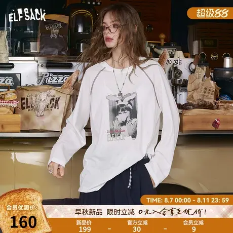 妖精的口袋白色美式印花长袖t恤女2025年早秋新款松弛感薄款上衣商品大图