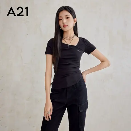 A21A21女装针织修身V领套头中短袖T恤2025新款上衣显瘦小众斜领商品大图