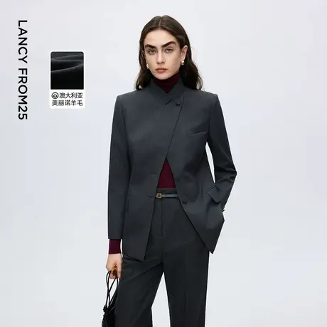 朗姿绵羊毛复古斜襟正肩收腰通勤西装外套气质西服2025年冬季新款商品大图