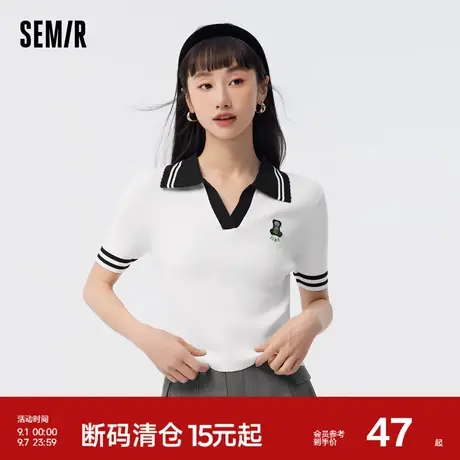 森马针织衫女短款紧身刺绣套头衫气质夏季撞色polo领毛衫女生潮流商品大图