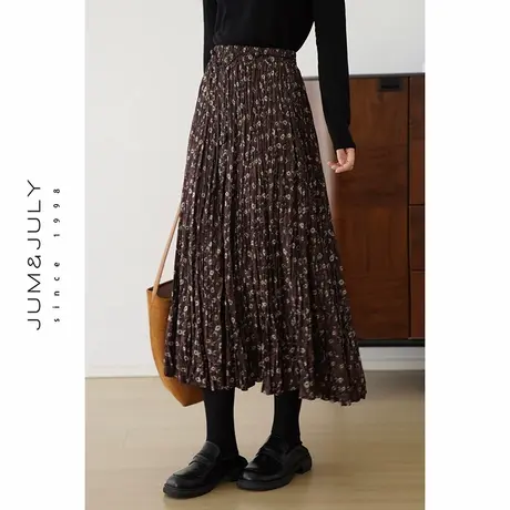 嘉茱莉复古垂坠感压褶碎花半身裙女2025秋季新款A字高腰半身长裙图片