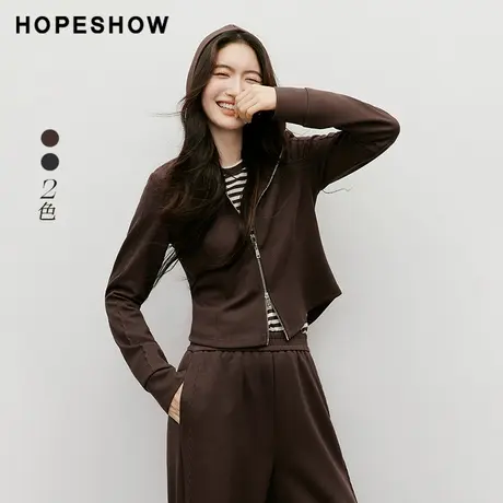 红袖2025秋季新款女装 刺绣特种绣结构线正肩连帽短款卫衣外套商品大图