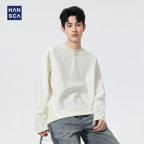 hansca 重磅360g亨利领宽松长袖t恤男秋季2025新款针织内搭打底衫商品大图