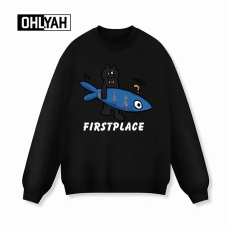 Ohlyah品牌秋冬新款趣味猫鱼卡通印花落肩卫衣男女同款宽松圆领衫商品大图