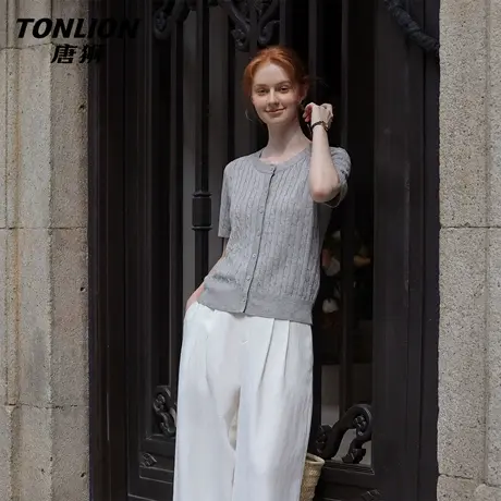 唐狮官方法式绞花短袖t恤女2026新款春夏针织半袖内搭修身上衣VC图片