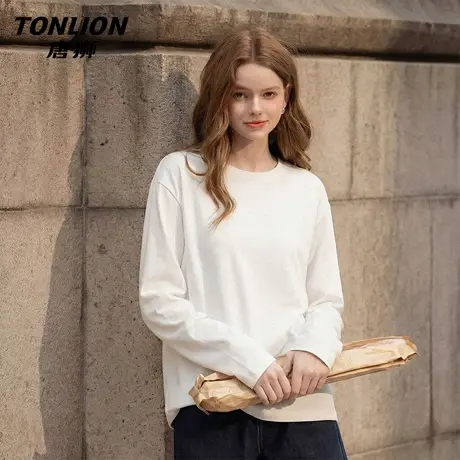 唐狮官方白色宽松长袖t恤女2026新款春秋款女士纯棉内搭上衣女VB商品大图