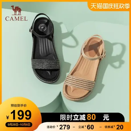 骆驼女鞋2023夏季新款一字带水钻平底休闲露趾时装厚底罗马凉鞋女图片