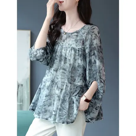 宝诗黎圆领五分灯笼袖印花系带雪纺衫2023早秋新款宽松薄款上衣女商品大图