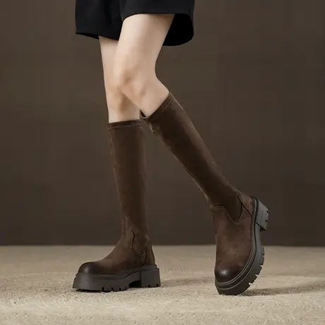 不过膝长靴女2023新款秋冬小个子粗跟厚底瘦瘦弹力靴显瘦高筒长靴商品大图