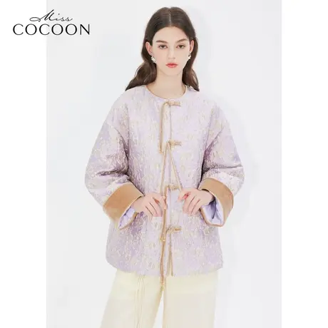 missCOCOON新中式手工盘扣浮雕提花2023冬新款女装丝绒拼接羽绒服图片