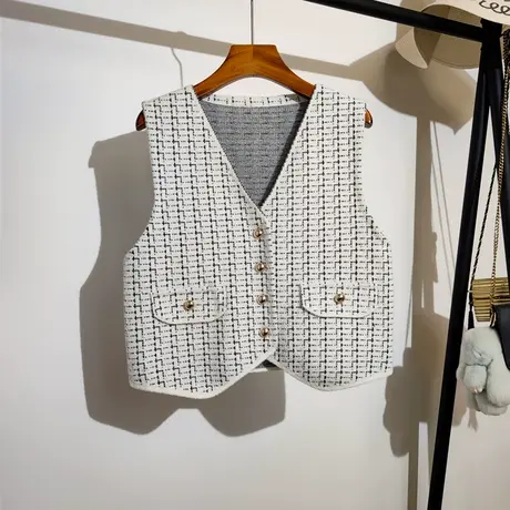 小香风格子针织马甲开衫女秋冬新款韩版v领短款毛衣背心马夹外套图片