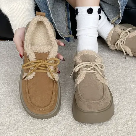 厚底复古系带乐福单鞋女鞋子2023年新款秋冬季加绒棉鞋时尚勃肯鞋图片