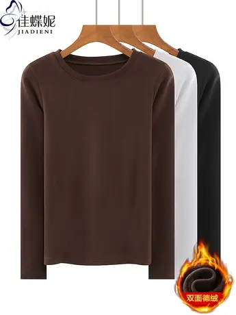秋冬新款圆领修身显瘦纯色双面德绒保暖简约长袖体恤上衣女打底衫图片