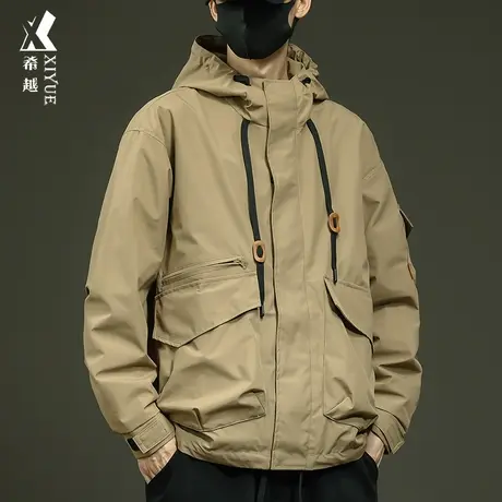 希越卡其色工装夹克秋冬户外防水防风男士冲锋衣宽松大码潮牌外套商品大图