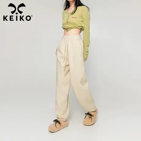 KEIKO 【抗起球】独特磨破针织休闲裤女2023秋冬松紧腰显瘦阔腿裤图片