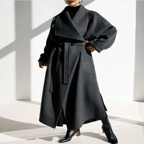 纯诗曼秋冬新款大翻领系带毛呢外套女中长款韩版时尚气质呢子大衣图片