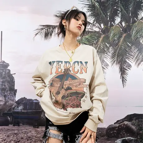 YEP秋季长袖t恤女纯棉宽松bf慵懒风ins潮牌美式复古oversize卫衣商品大图