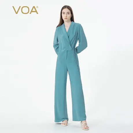 VOA40姆米重磅真丝冰蓝长袖青果领不对称系带设计时尚休闲连体裤图片