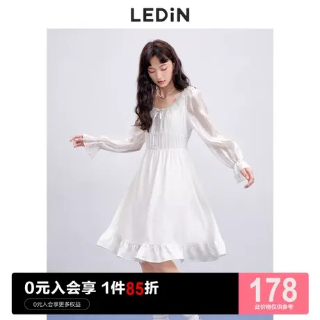 乐町法式连衣裙休闲秋季新款早秋女士收腰拼接雪纺白色长裙图片