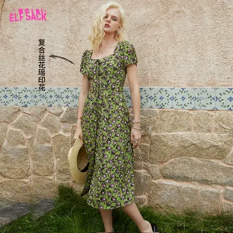 妖精的口袋绿色泡泡袖方领连衣裙女2023夏季新款碎花长裙显瘦度假图片