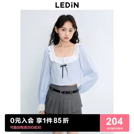 乐町方领荷叶边小上衣蝴蝶结点缀衬衫2023秋新品袖口蕾丝边衬衣商品大图