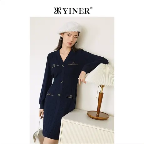 YINER音儿奥莱女装冬季羊毛含羊绒V领针织连衣裙图片