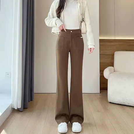 咖色毛呢西装微喇裤女冬季新款高腰显瘦抓绒拖地阔腿休闲喇叭裤子商品大图