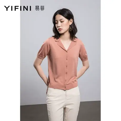 Yifini/易菲纯色宽松短款针织开衫薄款显瘦短袖衬衫上衣女夏装新商品大图
