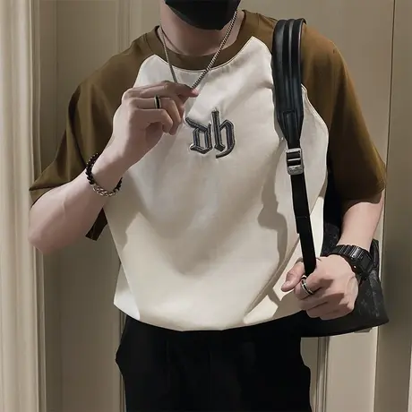 夏季插肩袖韩版男士时尚刺绣短袖t恤圆领修身半袖潮牌帅气INS体恤商品大图