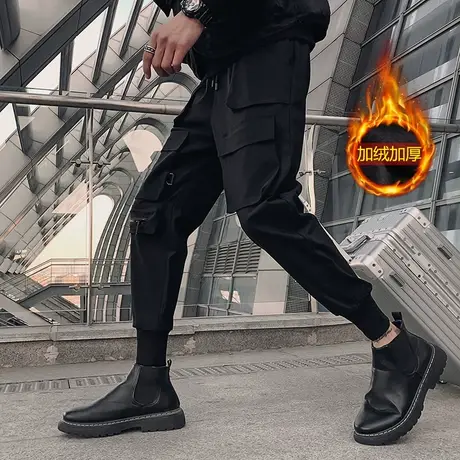 冬季男士工装裤休闲裤裤子多口袋宽松加绒潮牌潮流束脚加厚哈伦裤商品大图