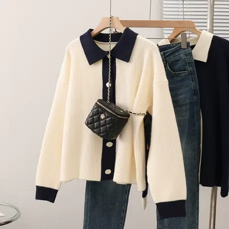 2023秋装新款韩版宽松撞色长袖针织衫开衫女外套上衣百搭毛衣女士商品大图