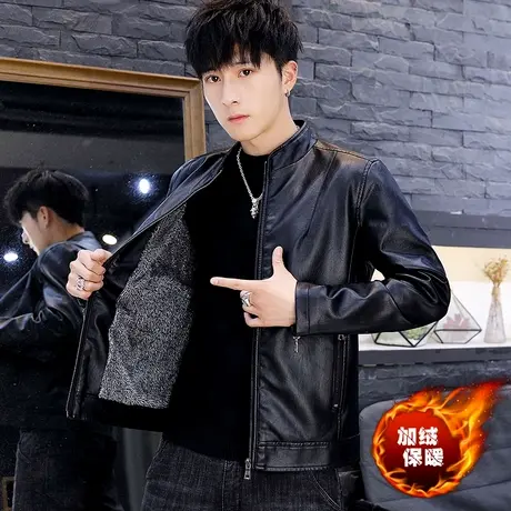 男士冬季加绒加厚皮衣潮流立领帅气皮夹克青年春秋韩版仿真皮外套商品大图