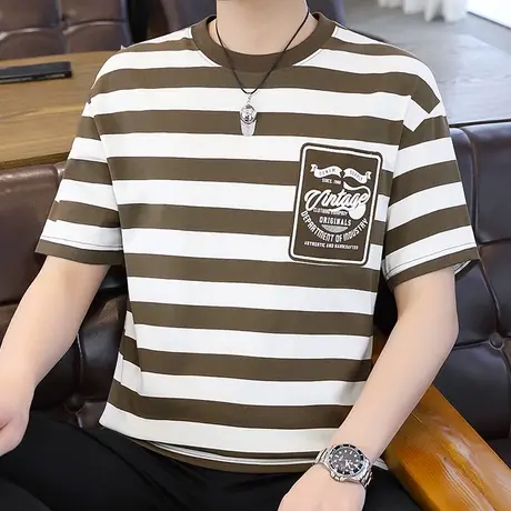 2023夏季新款男士棉感条纹短袖T恤宽松个性弹力上衣清新文艺潮流商品大图