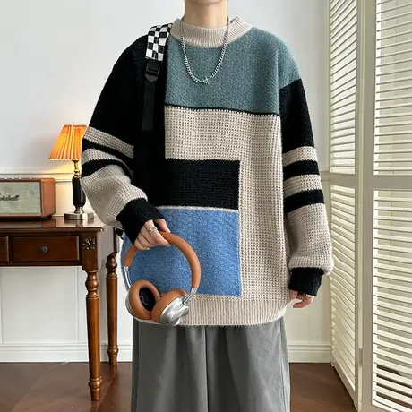 个性拼接毛衣男冬季圆领针织衫男潮牌慵懒风打底衫保暖毛线衣外套商品大图