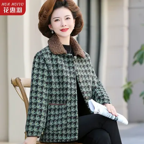 2022新款妈妈秋冬毛呢外套洋气中年女装格子中老年女冬装短款上衣商品大图