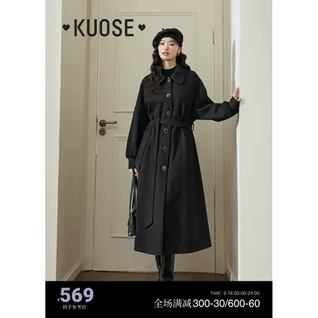 阔色黑色直筒毛呢外套女2023新款秋冬季翻领休闲复古长款呢子大衣商品大图