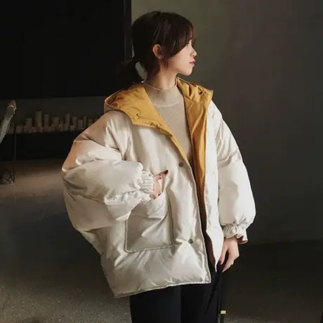 网红两面穿棉服女短款冬装新款学生韩版小清新棉衣棉袄宽松面包服图片