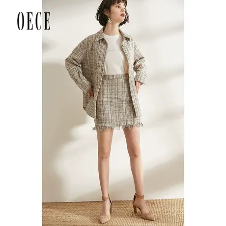 Oece春装新款女装 复古少女力个性香风流苏高腰A字织花半裙图片