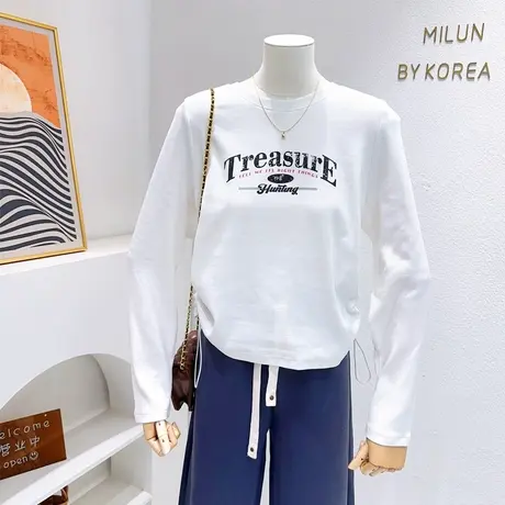 小个子显高穿搭~2023早秋款复古美式字母抽绳长袖纯棉T恤正肩上衣图片