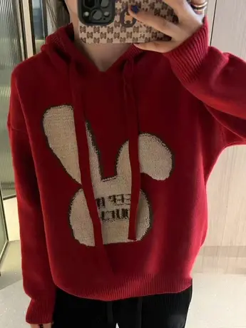 连帽毛衣女加厚冬季2023新款设计感洋气减龄卡通兔子宽松针织衫潮图片